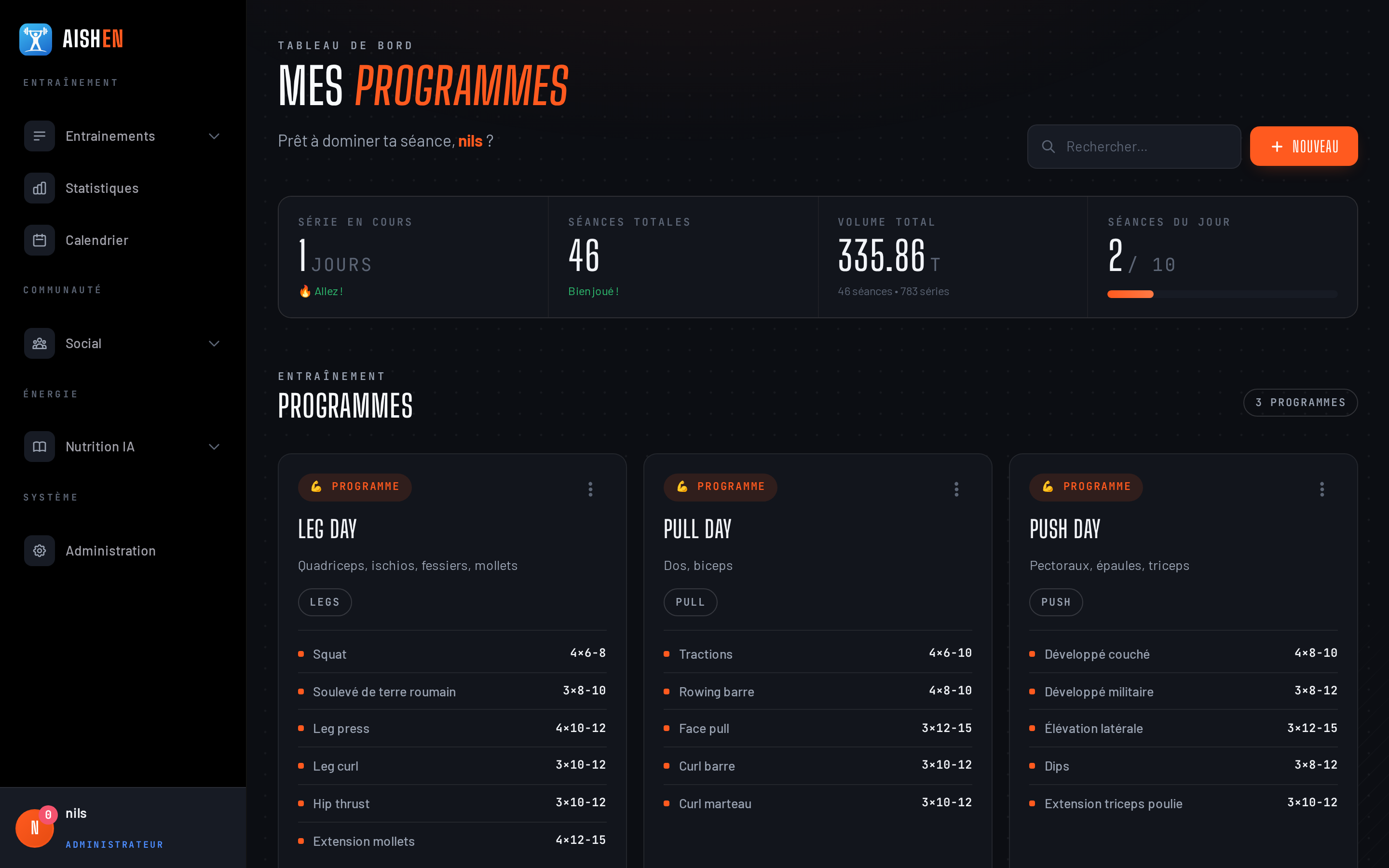Interface SportTrack : suivi de séance, exercices et progression